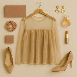 Elegant Sheer Polka Dot Top - Tan